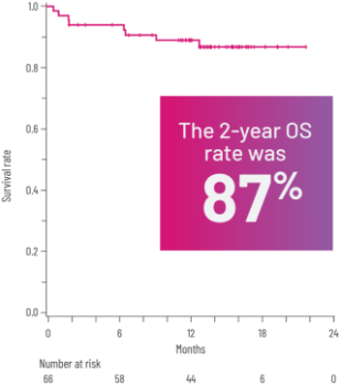 Kaplan-Meier graph showing the 2-year OS rate was 87%. Number at risk starts with 66 at month 0 and decreases to 0 by month 24.